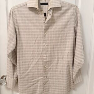jf j.ferrar Men's Light Beige Plaid Dress Shirt Neck 15 32/33  CH